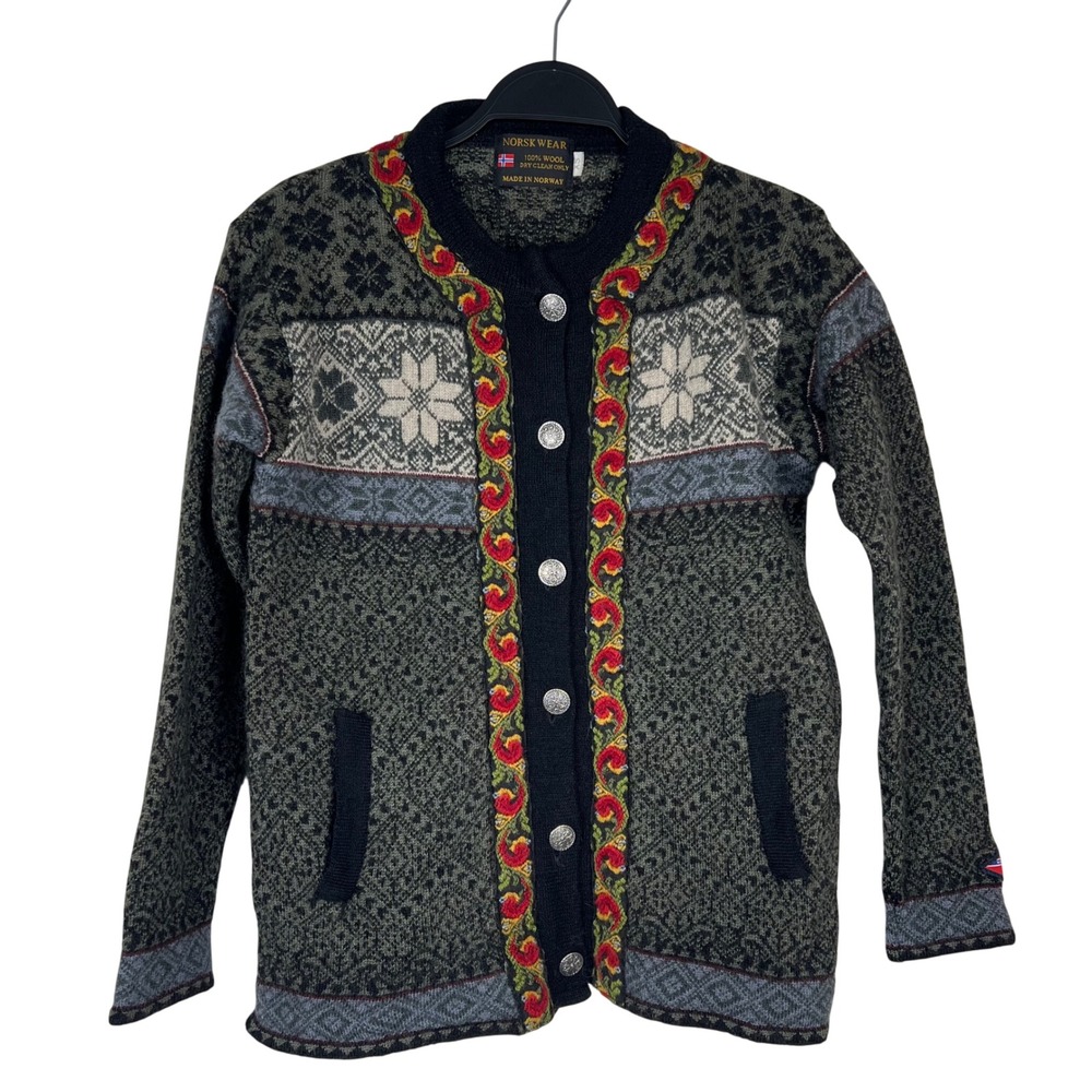 Norsk Wear Norway 100% Wool Fair Isle Cardigan Sweater Metal Buttons XS Grey